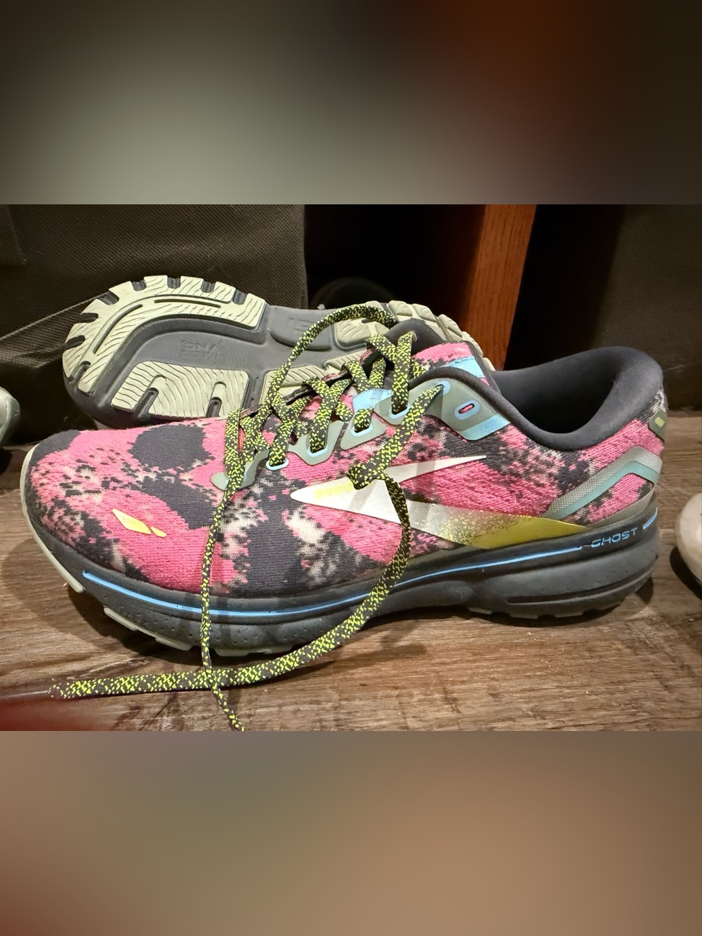 Brooks Ghost Women's Running Shoe in Pink, Black and Yellow-Green